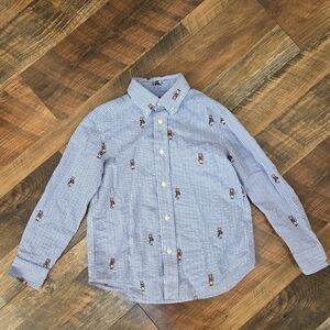 Ralph Lauren Bear Print Blue & White Striped Seersucker Buttondown Shirt, Size 5